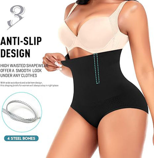 Black high-waist anti-slip shaping panty with smooth front and contoured hips.