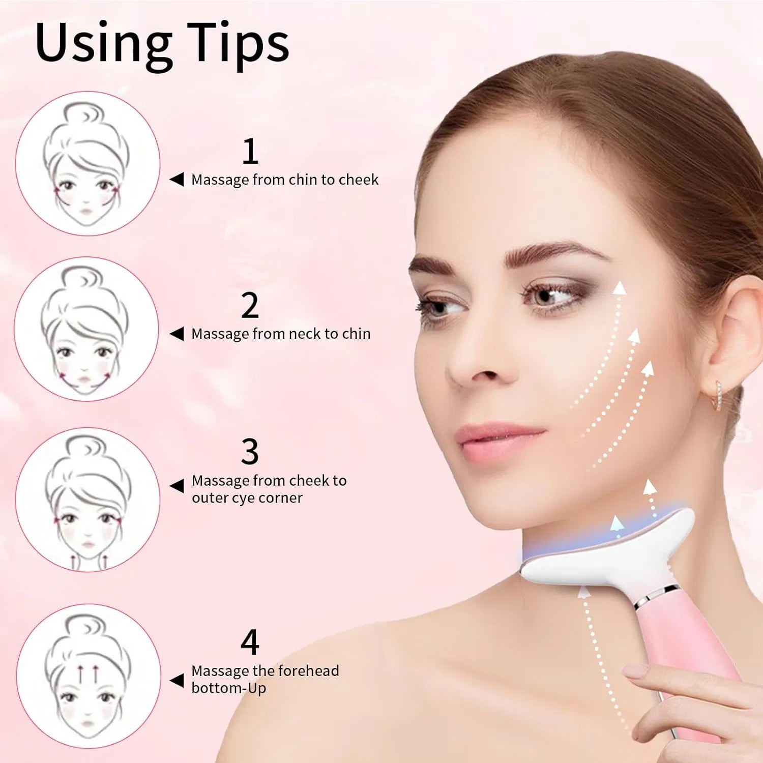 Pink face and neck massager for chin and jaw with smooth contour head