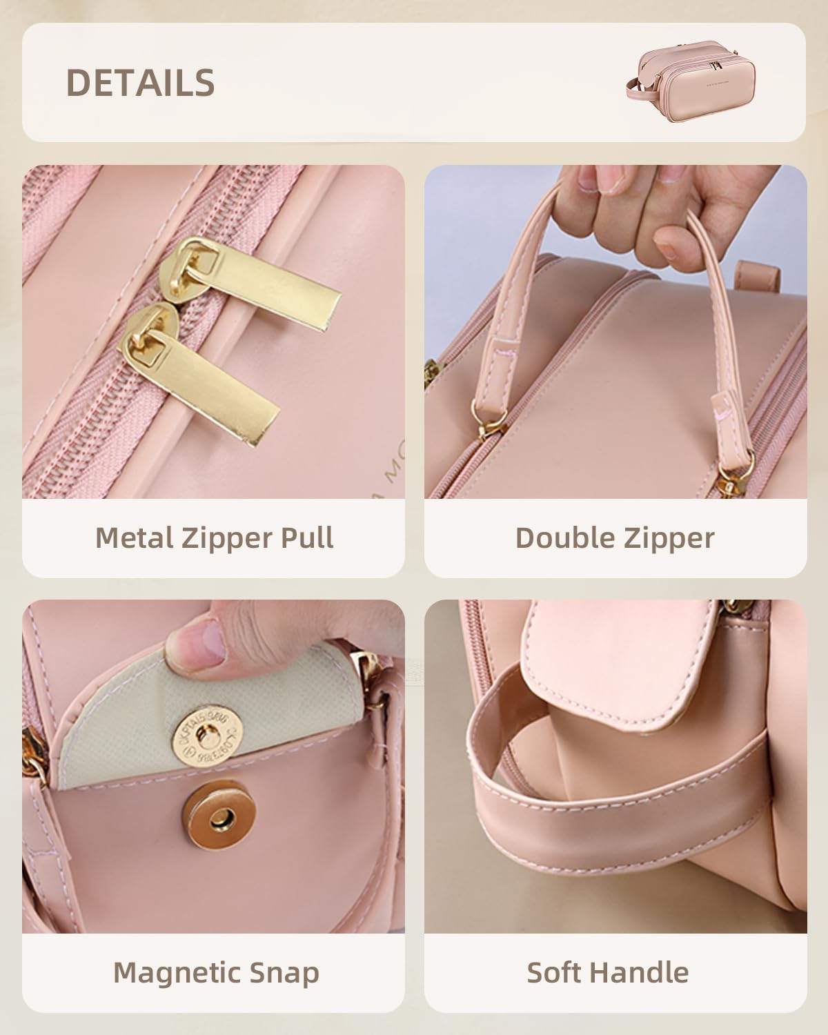 Pink makeup organizer bag details: metal zipper pulls, magnetic snap, soft handles