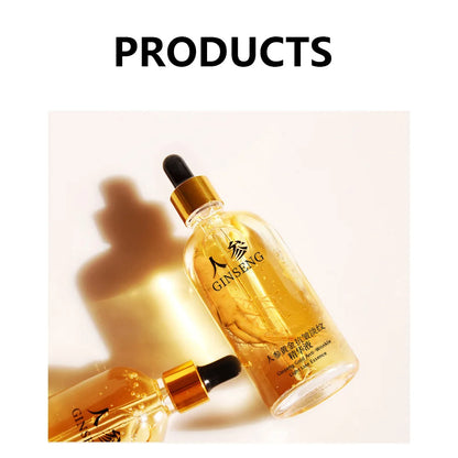 Ginseng essence serum bottle with black dropper, amber glass, and gold accents