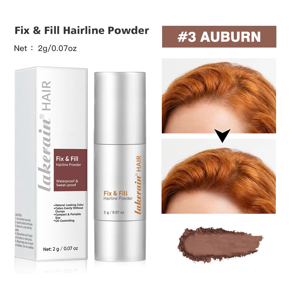 Fix & Fill hairline powder #3 auburn: bottle, box, and hairline coverage swatch