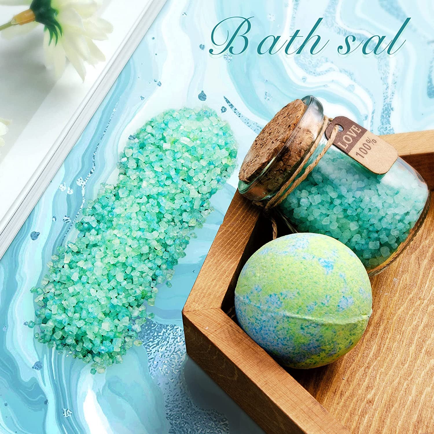 Bath salts crystals and bath bomb in spa gift box, with teal soap bottle contents