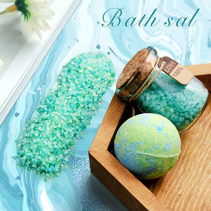 Bath salts crystals and bath bomb in spa gift box, with teal soap bottle contents