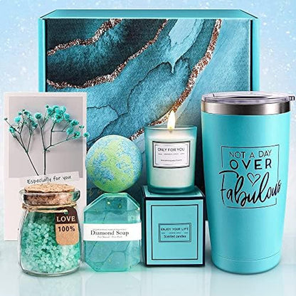 Spa gift basket, 6-piece set with teal tumbler, candles, bath salts, soap, bath bomb