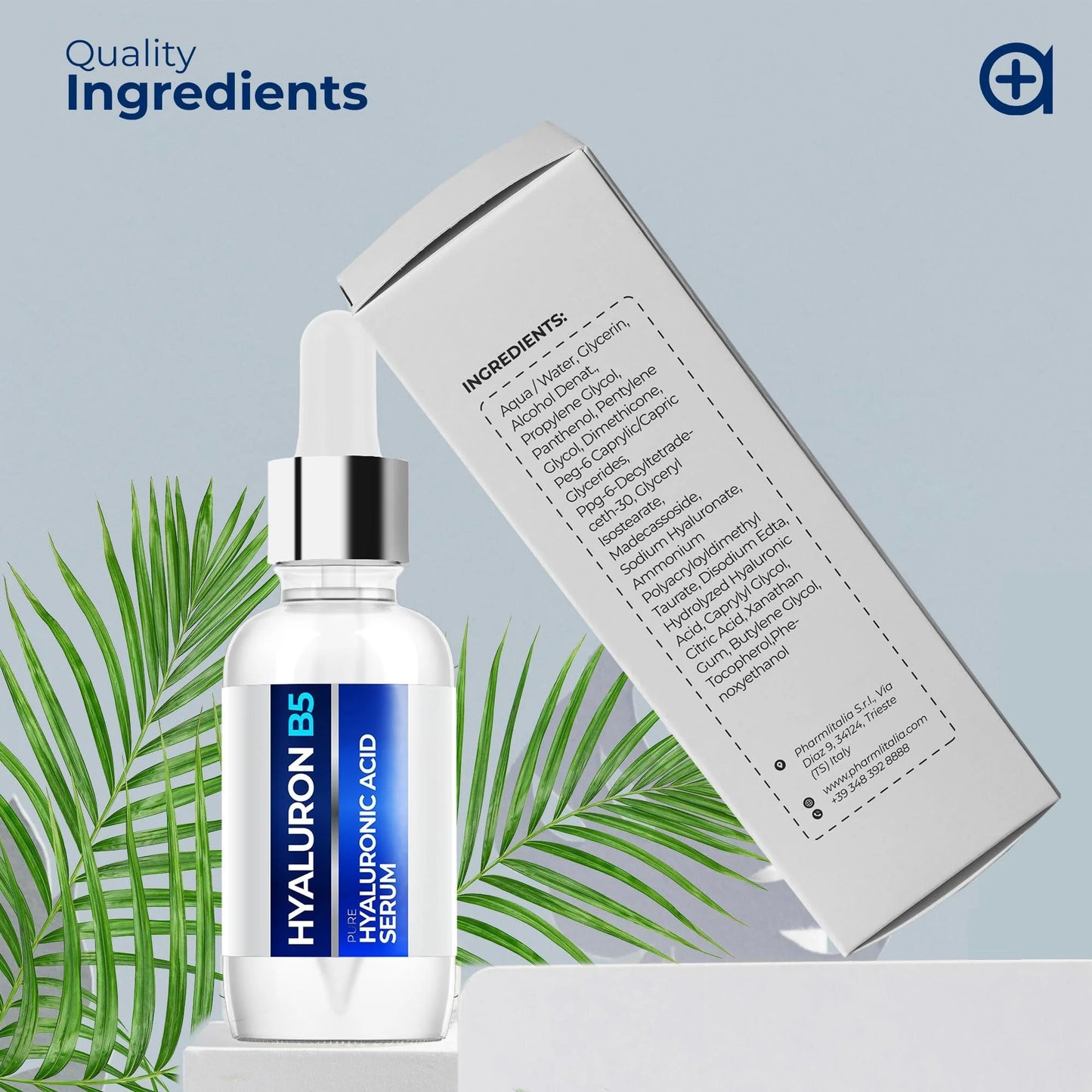 Hyaluron B5 serum bottle beside the product ingredient box
