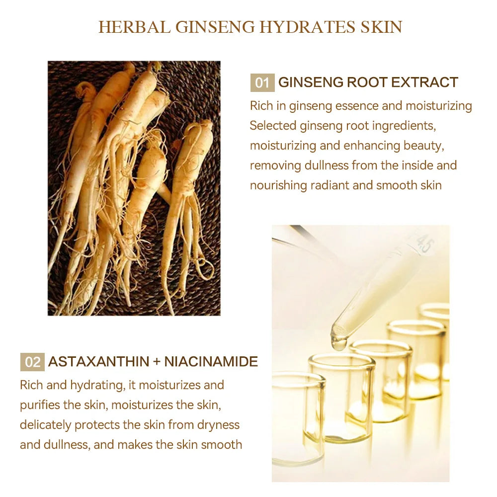 Ginseng essence ingredient graphic with ginseng roots and amber serum vials