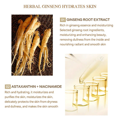 Ginseng essence ingredient graphic with ginseng roots and amber serum vials