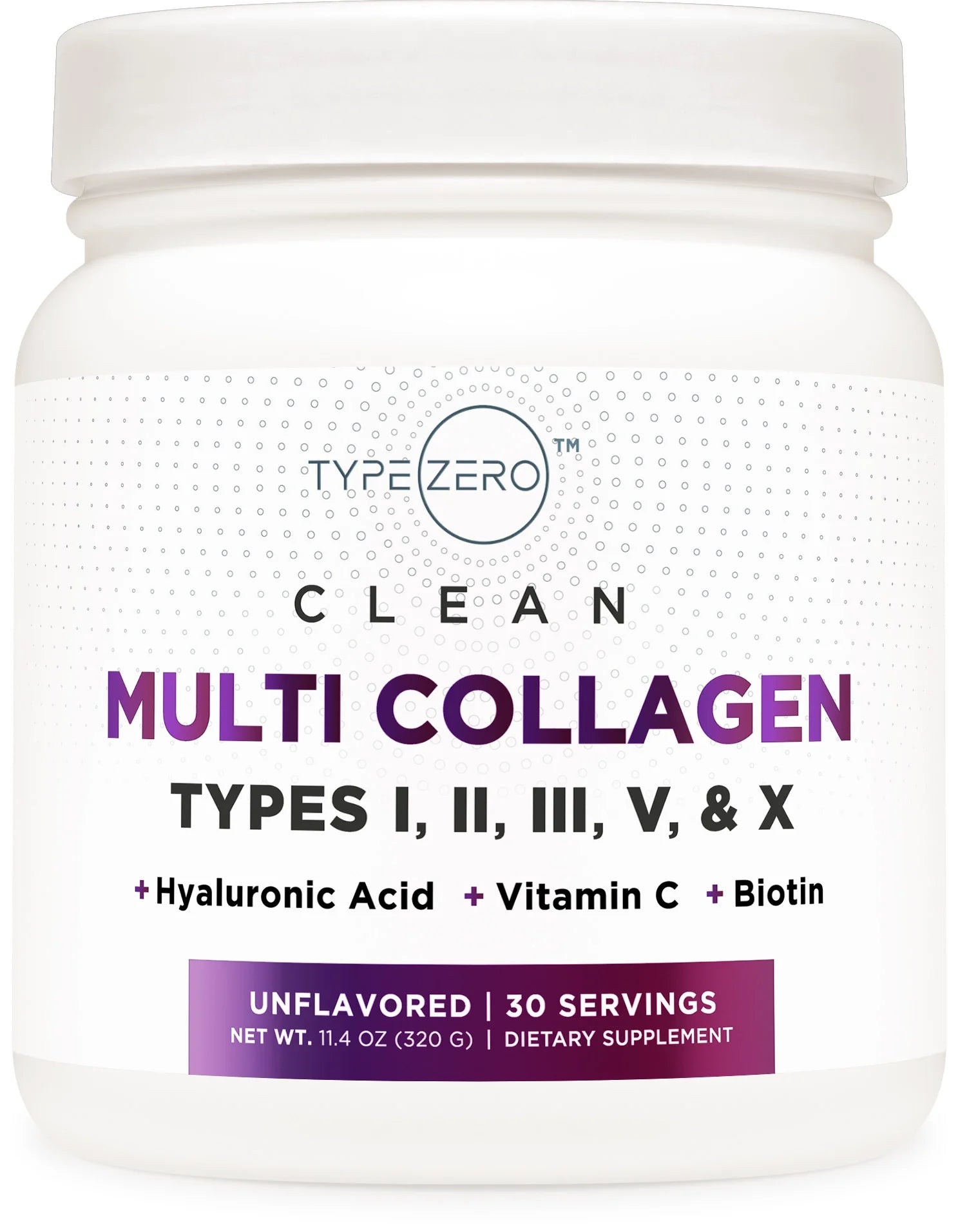 Type Zero Multi Collagen powder tub, unflavored, 30 servings label on front