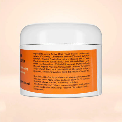 Ingredients and directions panel on Black Seed clay face mask jar, Made in USA