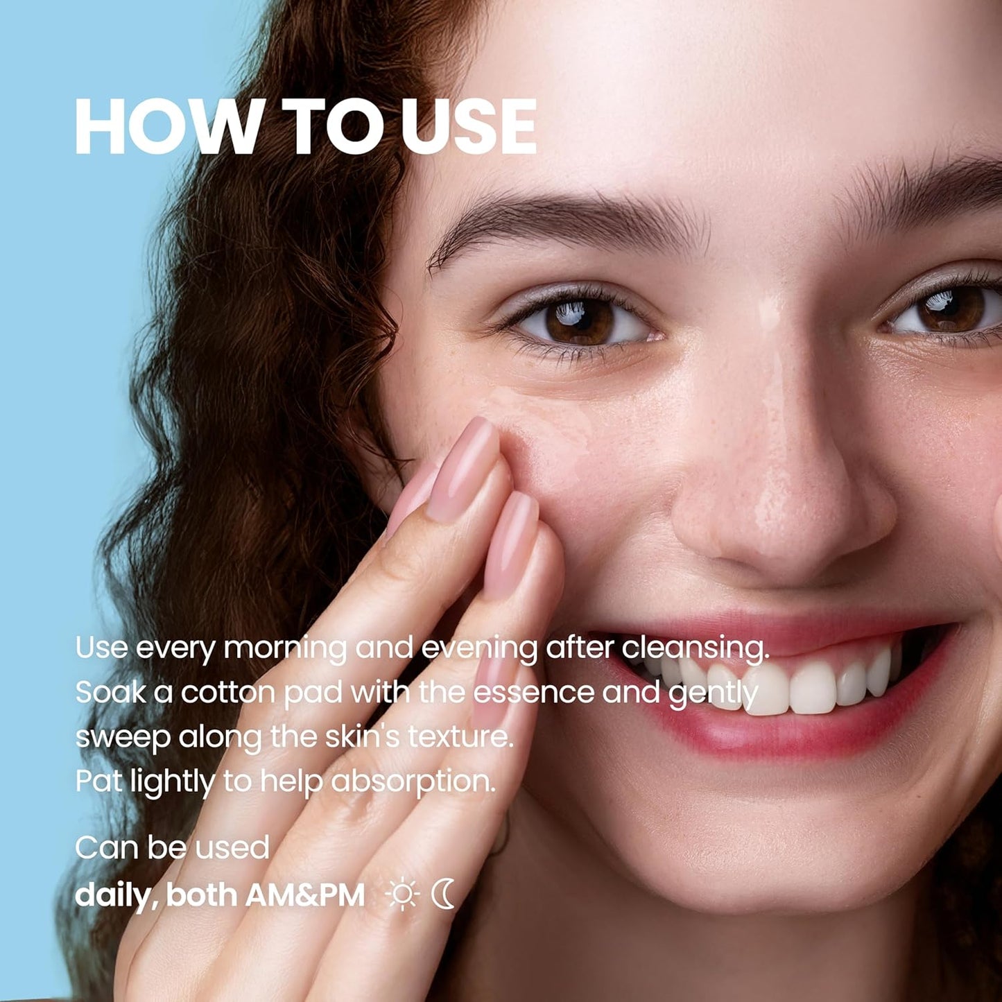 Woman applying micro essence to cheek with fingers after cleansing
