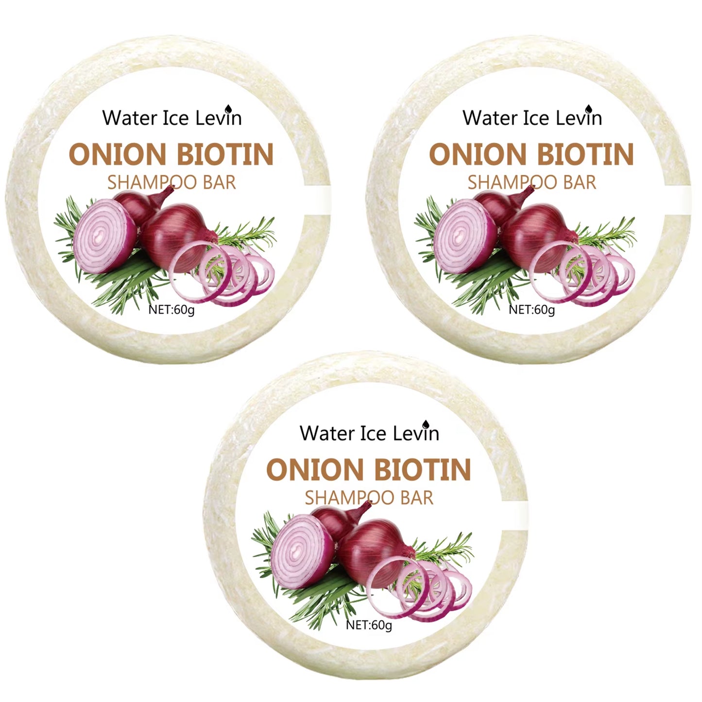 Onion biotin shampoo bar set, three solid beige circular soaps with onion and rosemary