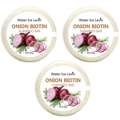 Onion biotin shampoo bar set, three solid beige circular soaps with onion and rosemary