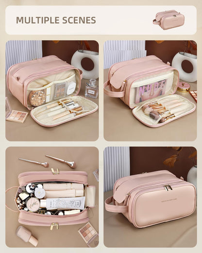 Pink travel makeup organizer bag with zip compartments and tools inside