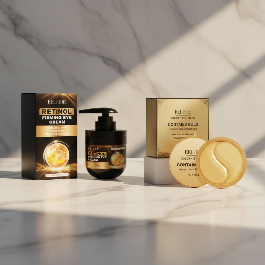 Anti-aging eye care set with retinol eye cream bottle, gold mask pads, and boxes