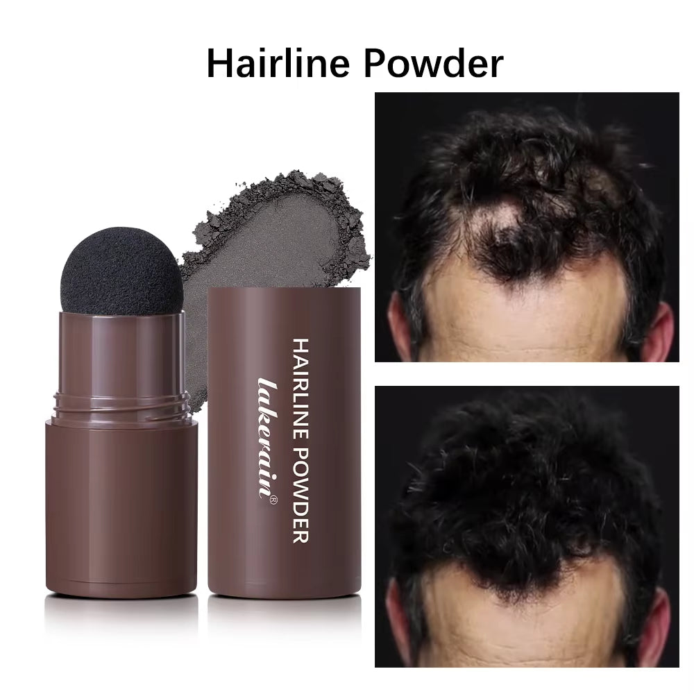 Hairline powder #5 Black: bottle, puff, powder smear, and scalp before/after photos