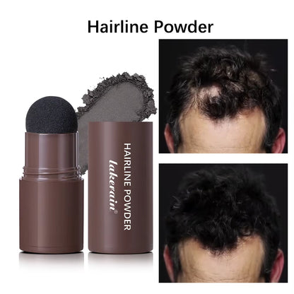 Hairline powder #5 Black: bottle, puff, powder smear, and scalp before/after photos