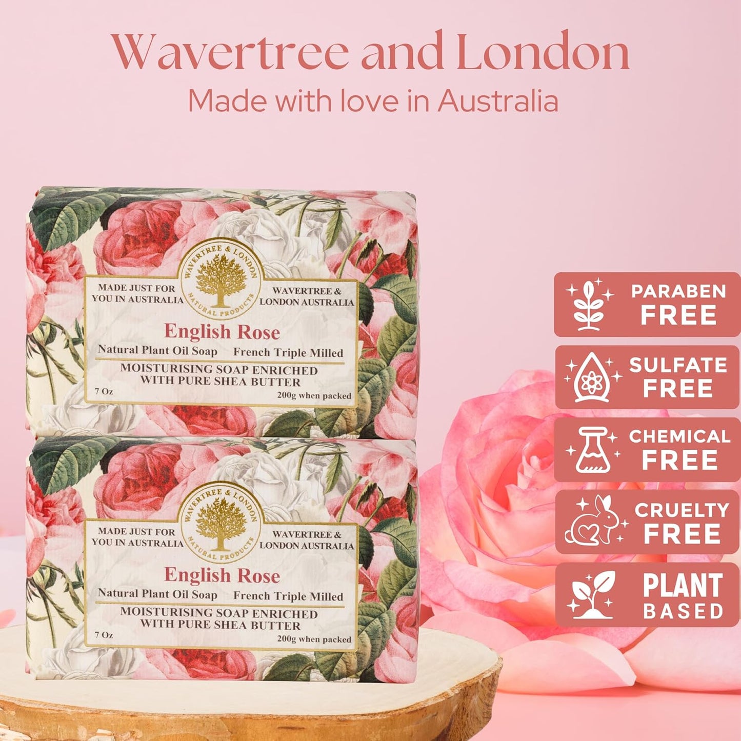 English Rose soap bar pack with floral label, 7 oz bars stacked in packaging