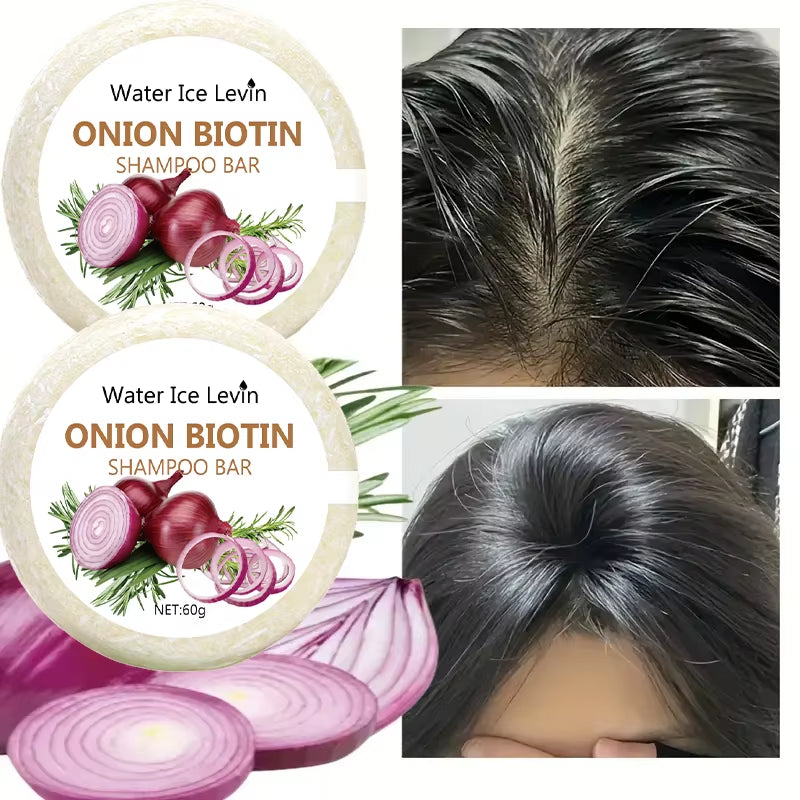 Onion biotin shampoo bar, solid beige circular soap with onion and rosemary graphics