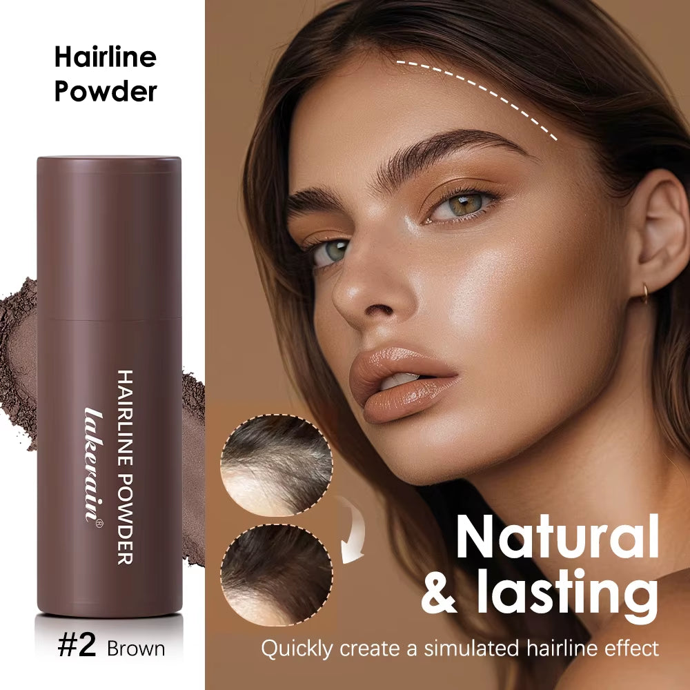 Hairline powder #2 Brown with bottle shown and hairline coverage on model