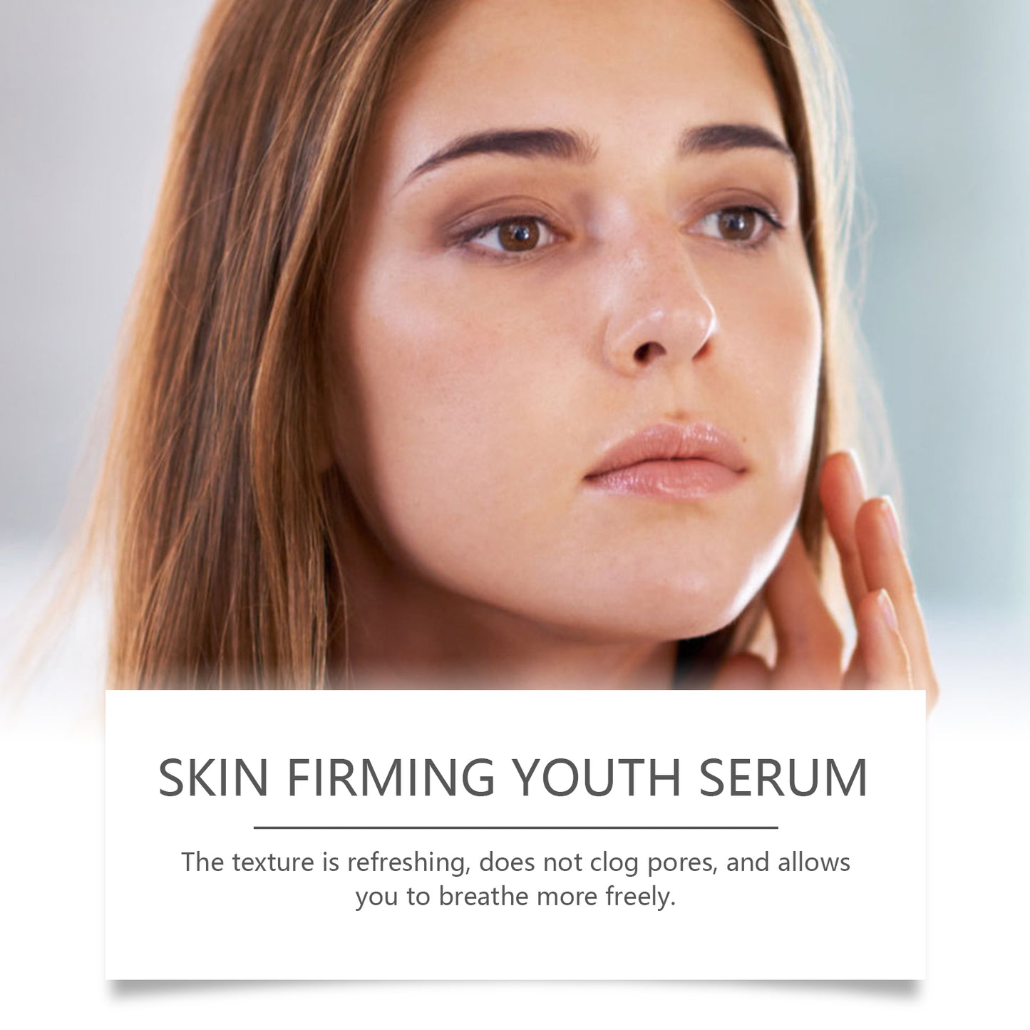 Skin firming youth serum info card in front of a woman’s face