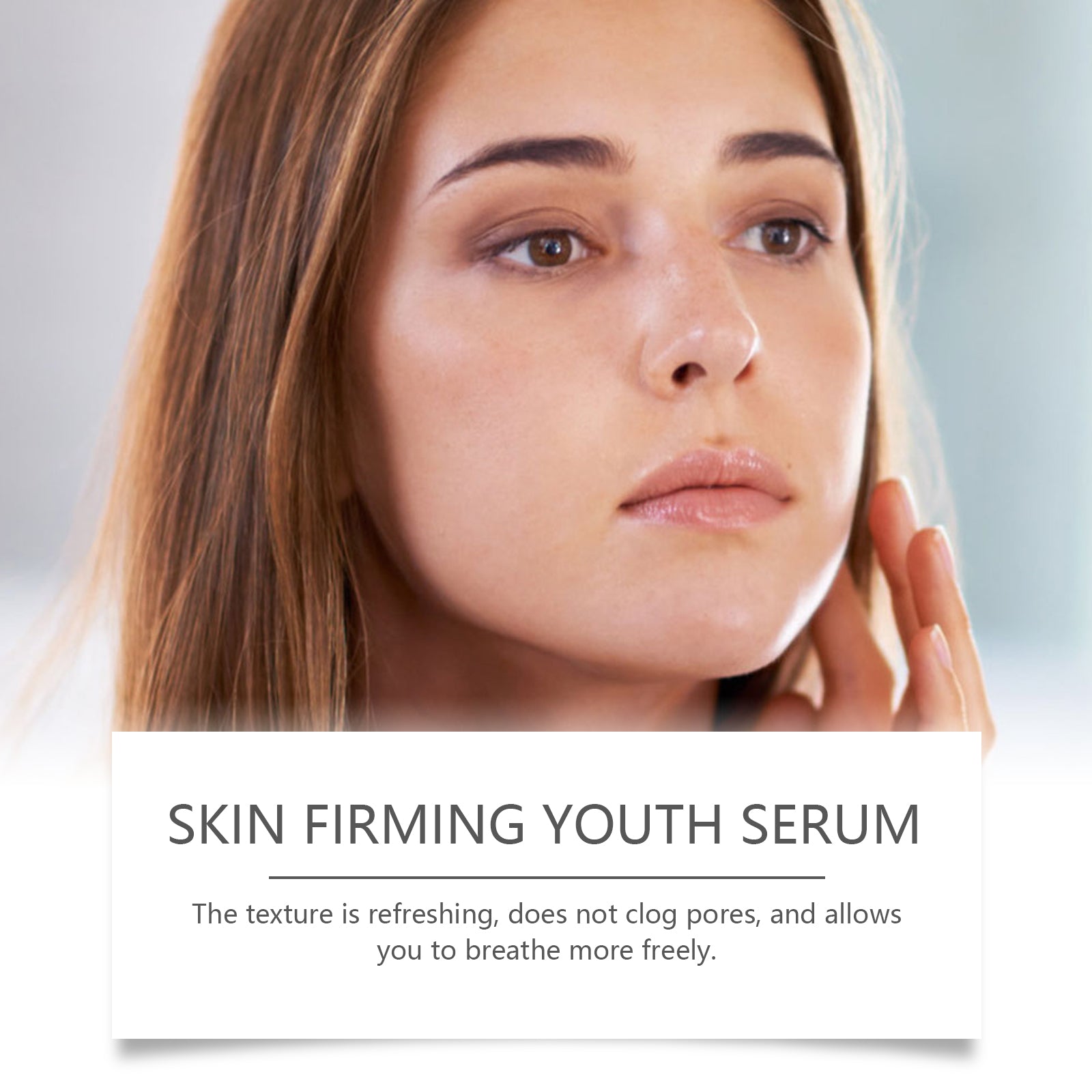 Skin firming youth serum info card in front of a woman’s face