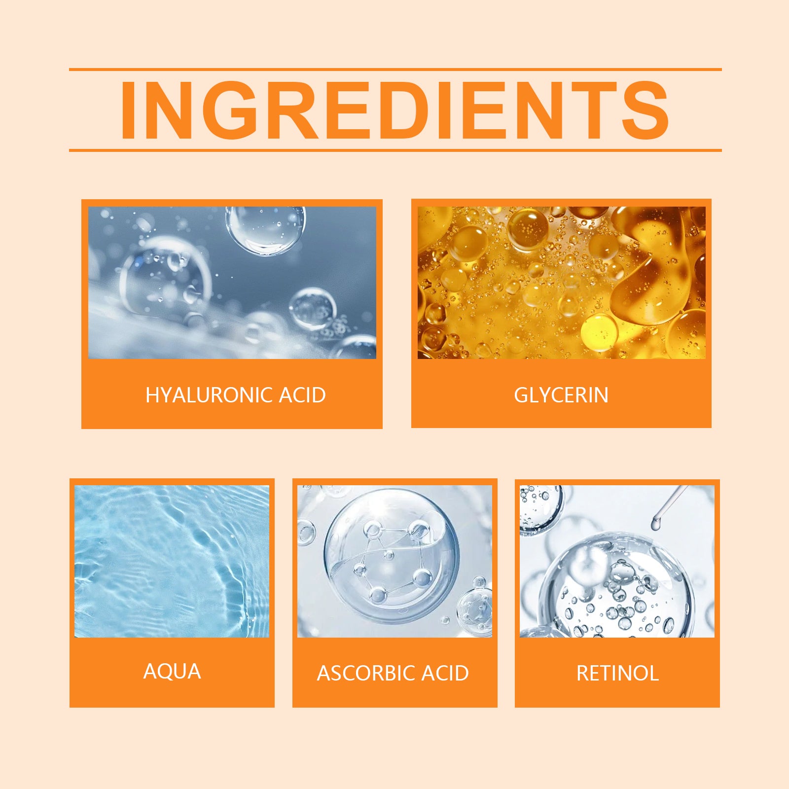 Vitamin C and retinol serum ingredients chart showing hyaluronic acid, glycerin, retinol