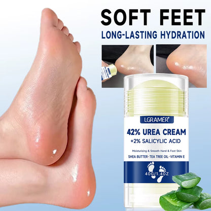 Urea foot cream jar with glossy cream applied to a heel