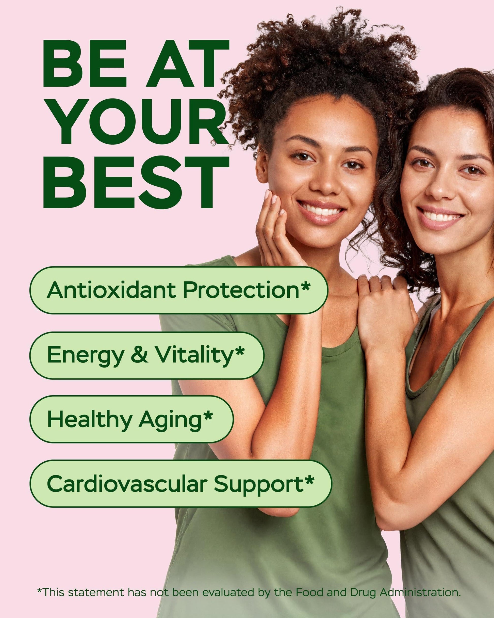 Antioxidant protection support text with two women; energy, healthy aging claims