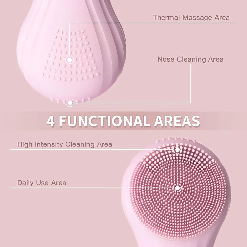 Pink silicone facial cleansing brush head with dense circular bristle pads
