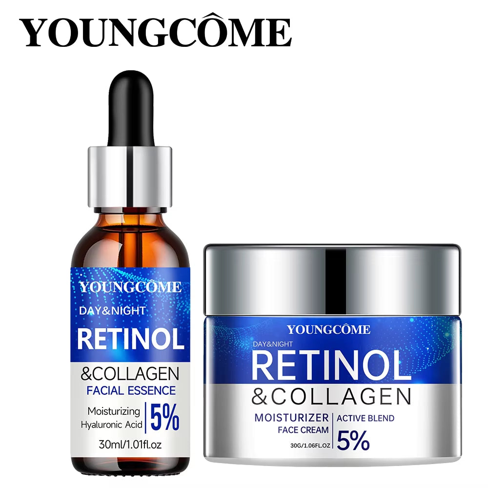 Retinol & collagen serum bottle and face cream jar set, blue and silver packaging