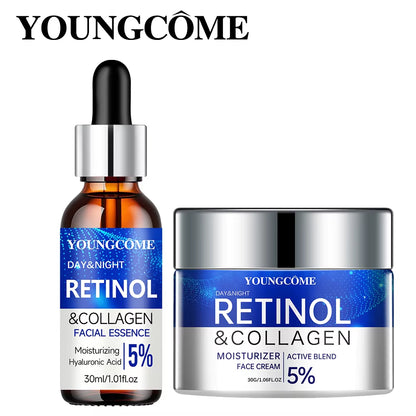 Retinol & collagen serum bottle and face cream jar set, blue and silver packaging