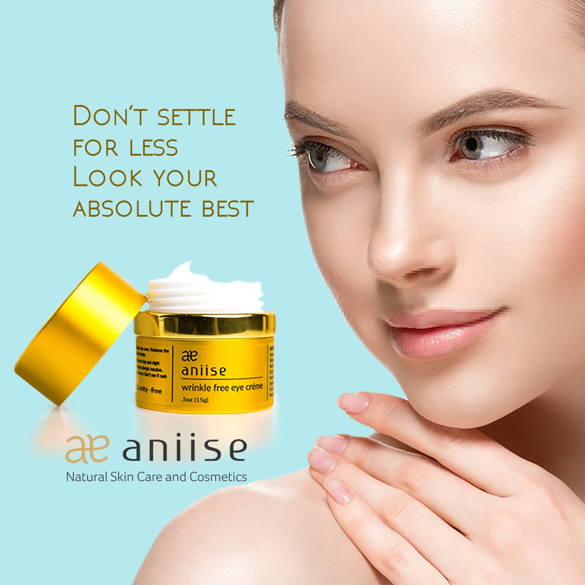 Wrinkle free eye crème jar with gold lid, aniiise, plus open cream scoop