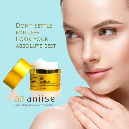 Wrinkle free eye crème jar with gold lid, aniiise, plus open cream scoop