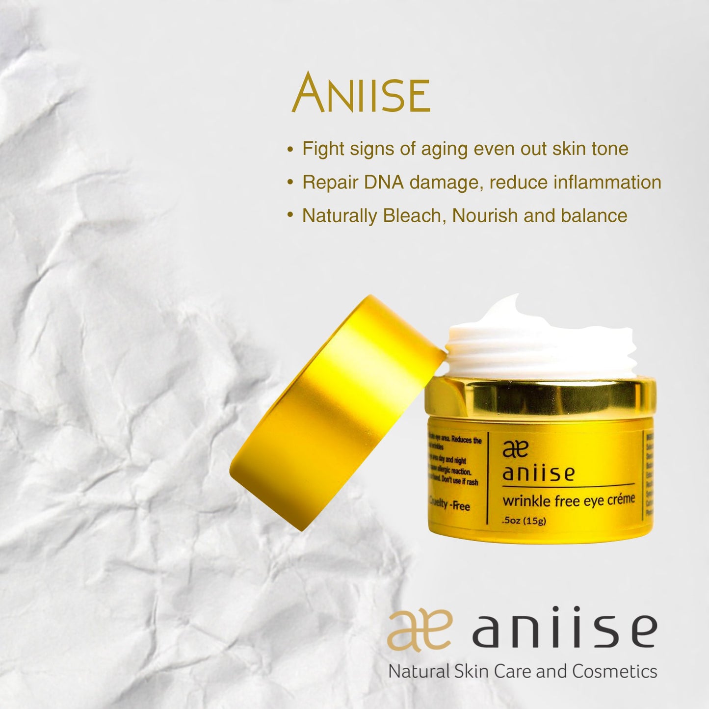 Wrinkle free eye crème jar with yellow body and gold lid, aniiise, on white paper