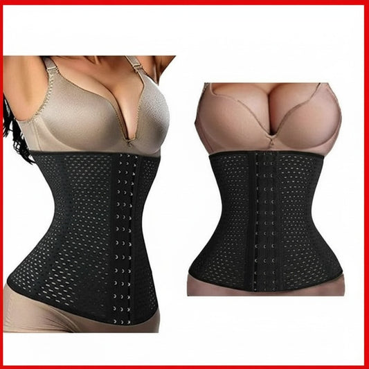 Underbust waist trainer corset with front grommet closure and mesh paneling, black.