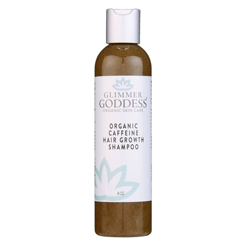 Caffeine hair growth shampoo bottle, amber liquid in white label container