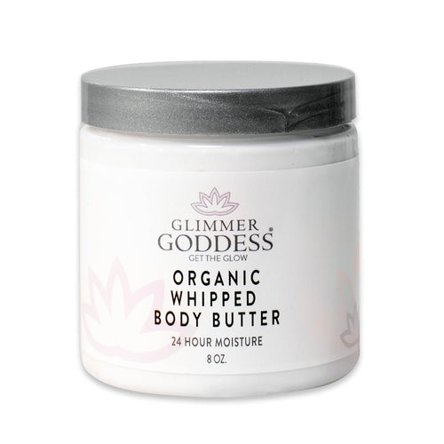 Organic whipped body butter jar with silver lid and white label front.