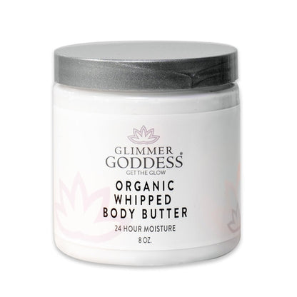 Organic whipped body butter jar with silver lid and white label front.