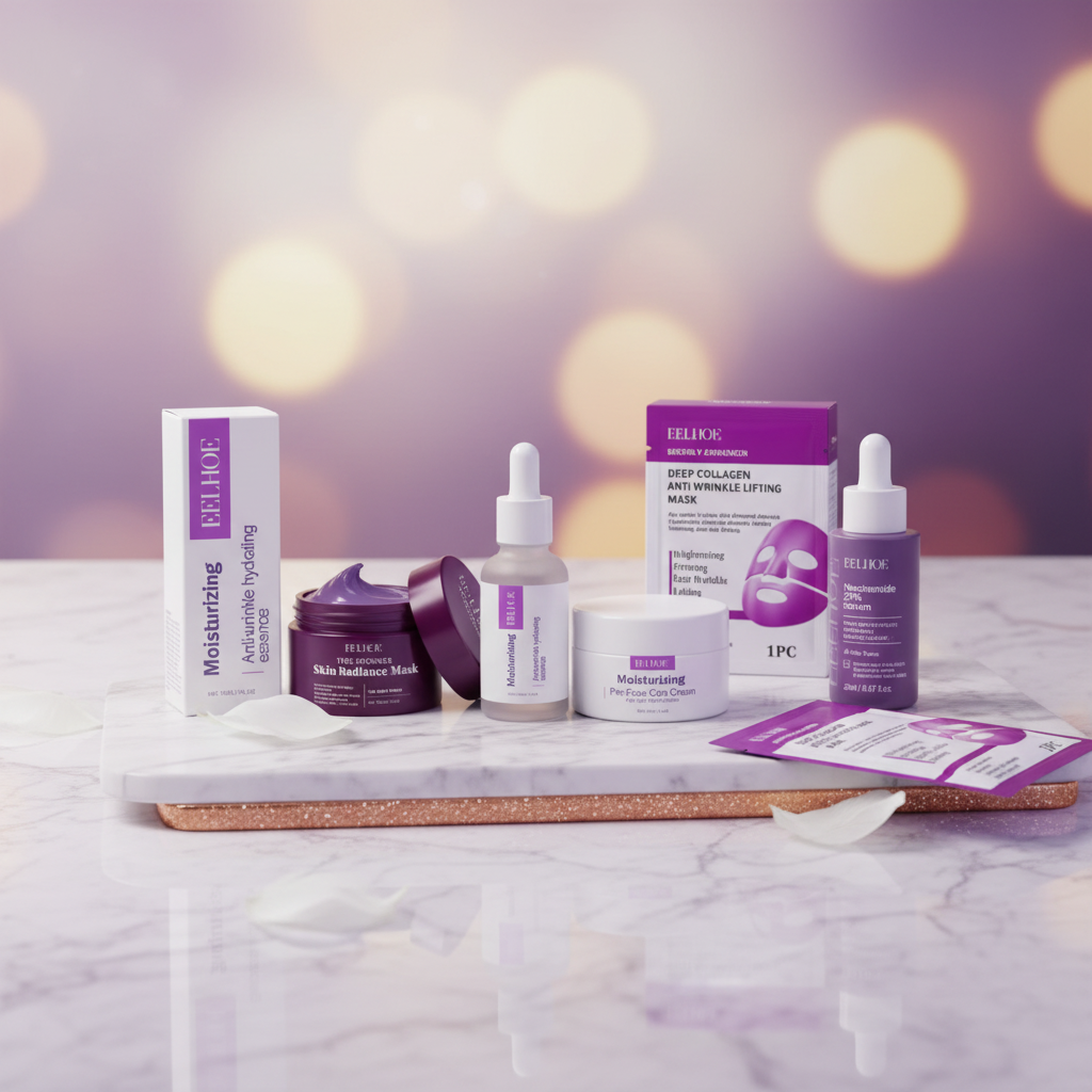 Hydrating skincare set with purple serum bottles, cream jar, and face mask boxes